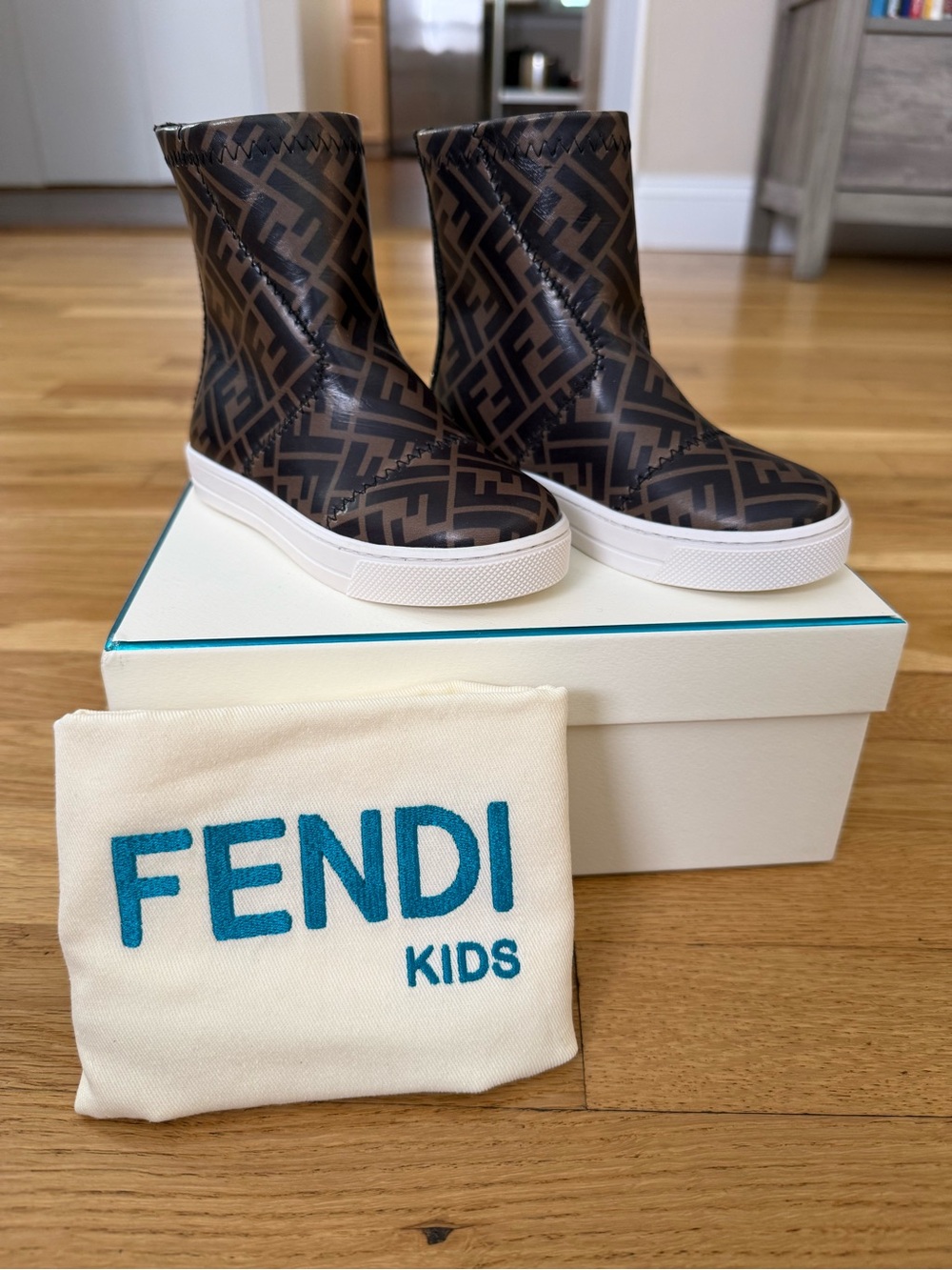 Fendi Kids Brown Monogram Rain Boots with White Soles